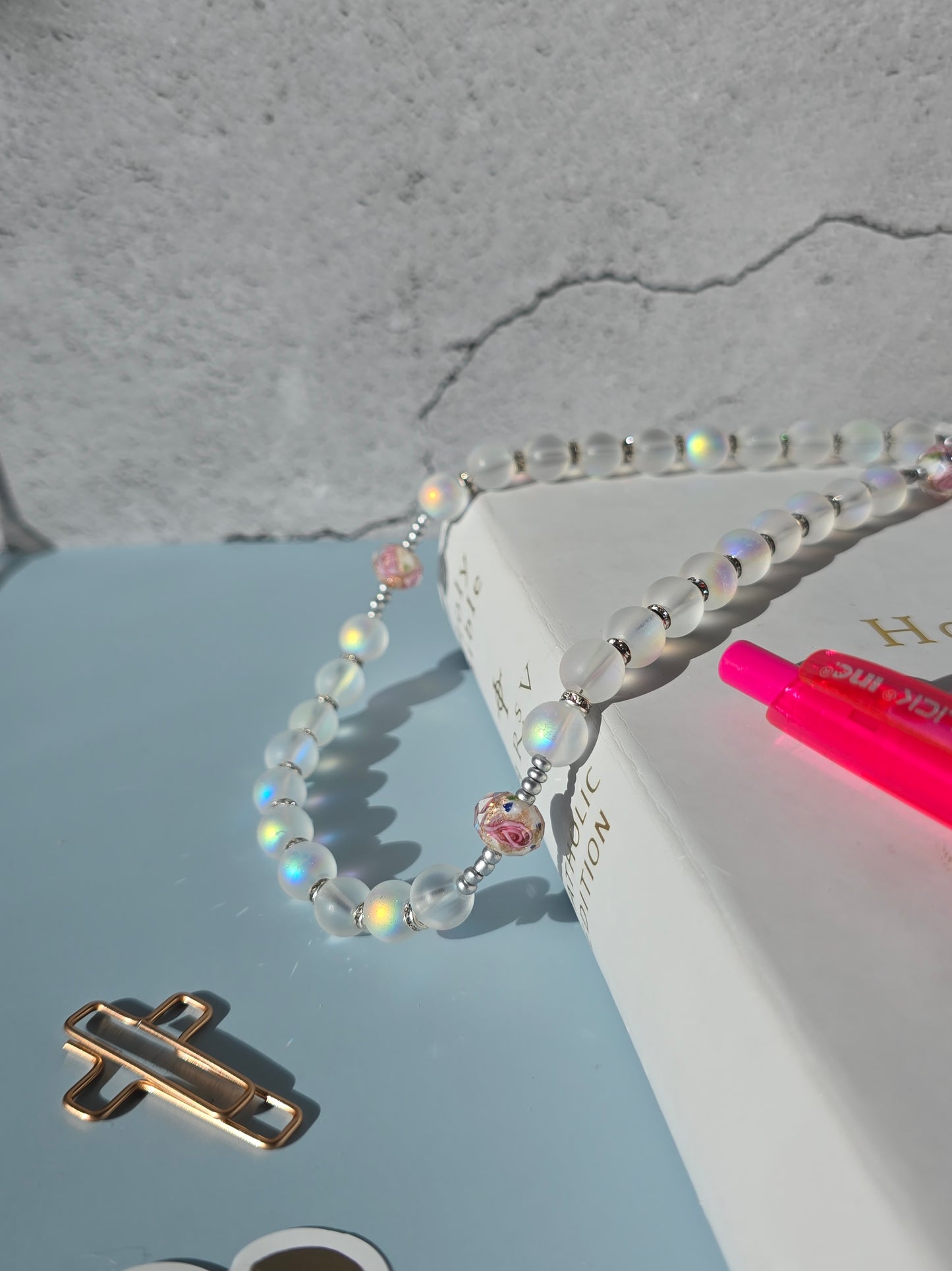 Mary's Garden White- White frosted glass beads and White crystal beads with flowers