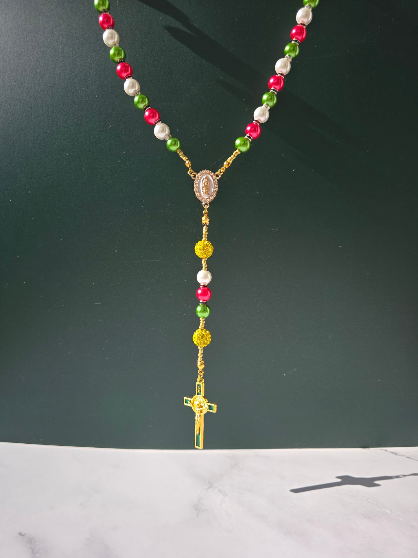 Emmanuel- Green, Red, and White pearl glass beads