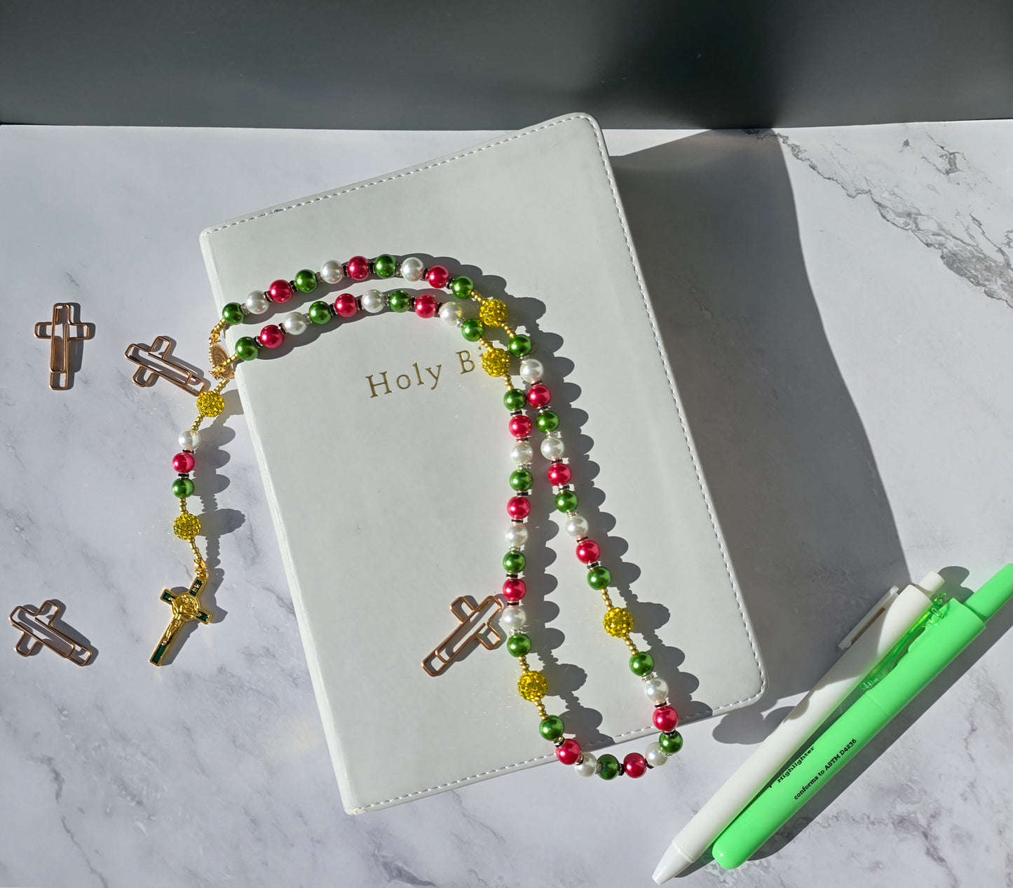 Emmanuel- Green, Red, and White pearl glass beads