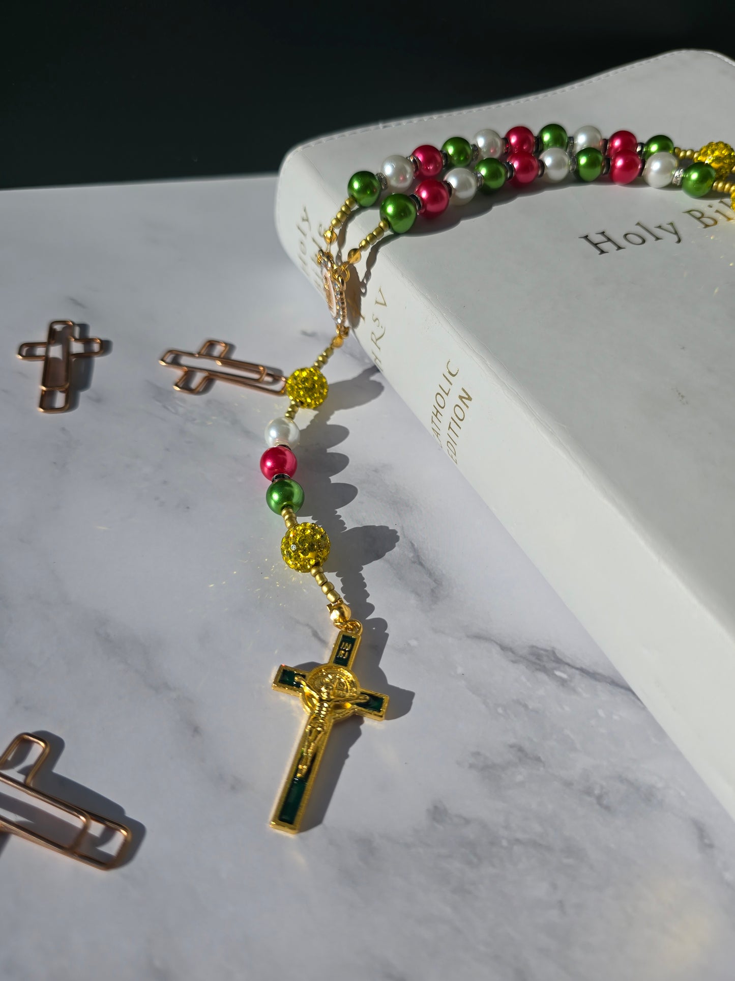 Emmanuel- Green, Red, and White pearl glass beads