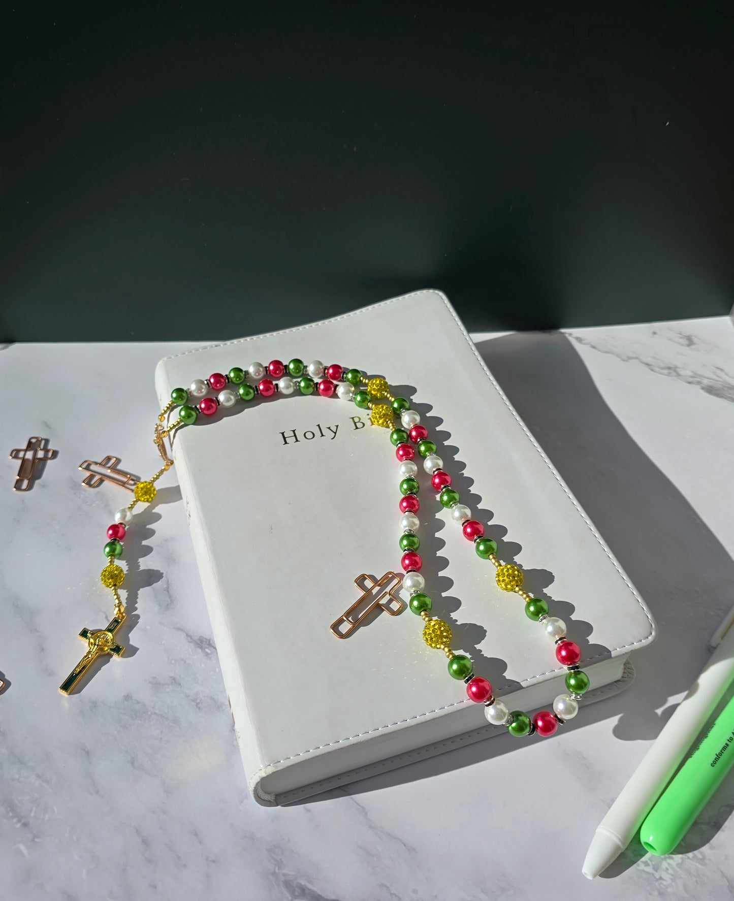 Emmanuel- Green, Red, and White pearl glass beads